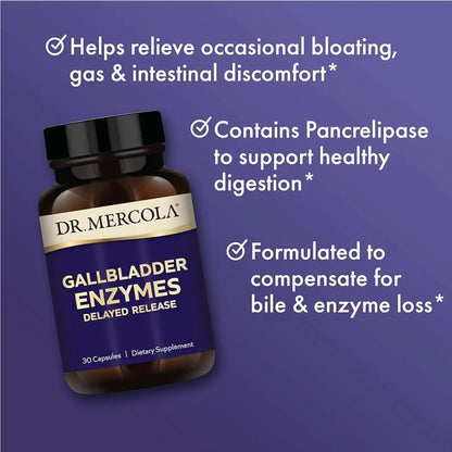 Dr. Mercola Gallbladder Enzymes - Gallbladder & Digestive Health Support - Includes Pancreatic Protease, Amylase & Lipase - Non-GMO, Gluten-Free & Soy-Free - 30 Delayed Release Capsules (30 Servings)