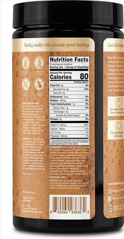 Perk Energy Drink Mix (Tan Mocha Latte) 20 Servings - Caffeinated Healthy Coffee Alternative with Protein, 100mg of Caffeine, Gluten-Free, Soy-Free, Peanut-Free