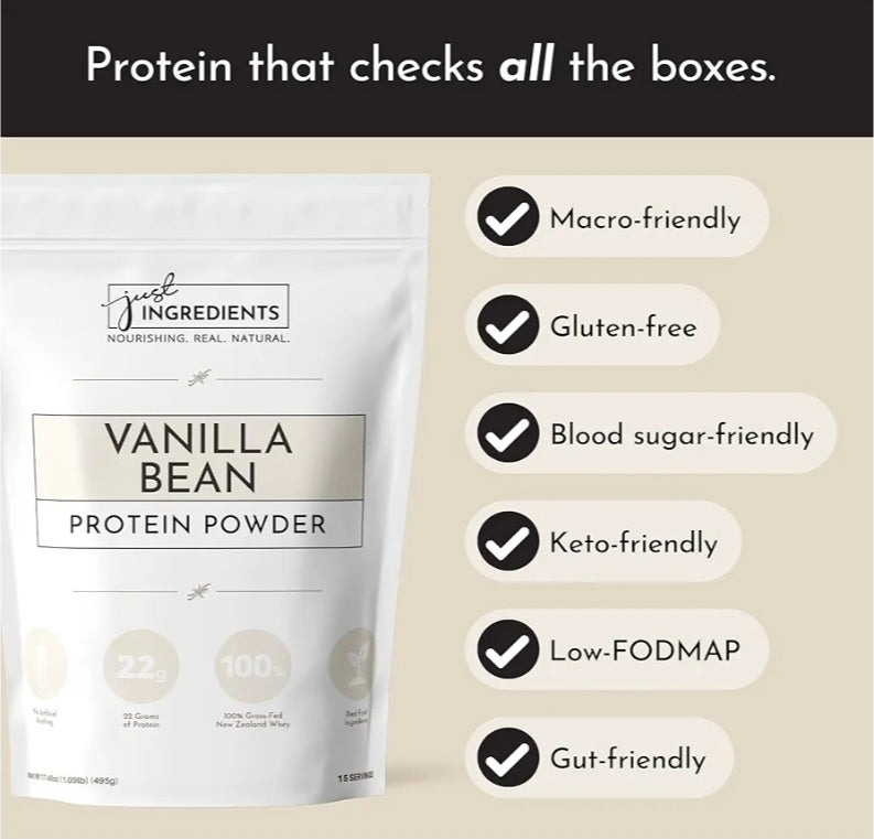 JUST INGREDIENTS Protein Powder | Vanilla Protein Powder Made with 100% Grass Fed, Non Denatured Whey | Four Different Protein Sources from Organic Whole Food Ingredients | 15 Servings | 22g Protein