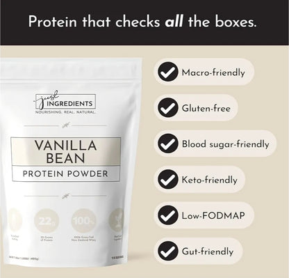 JUST INGREDIENTS Protein Powder | Vanilla Protein Powder Made with 100% Grass Fed, Non Denatured Whey | Four Different Protein Sources from Organic Whole Food Ingredients | 15 Servings | 22g Protein