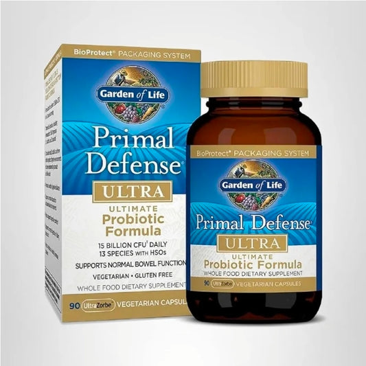 Garden of Life Probiotics for Digestive Health Balance, Primal Defense Ultra Ultimate Formula, 15 Billion CFU and 13 Strains Plus HSOs, Vegetarian and Gluten Free, 90 Capsules