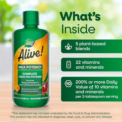Nature's Way Alive! Max Potency Complete Liquid Multivitamin for Women and Men with Antioxidant Beta Carotene, Vitamins C & E and Food-Based Blends, Citrus Flavored, 30.4 Fl Oz