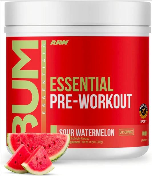 RAW Essential Pre-Workout Powder (Sour Watermelon) - Chris Bumstead Sports Nutrition Supplement for Men & Women - Preworkout Energy Powder with Caffeine, L-Citrulline, L-Tyrosine, & Beta Alanine Blend