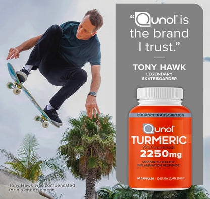 Qunol Turmeric Curcumin with Black Pepper, 2250mg Turmeric Extract with 95% Curcuminoids, Extra Strength Turmeric Supplement, Enhanced Absorption, Joint Support Supplement, 90 Vegetarian Capsules