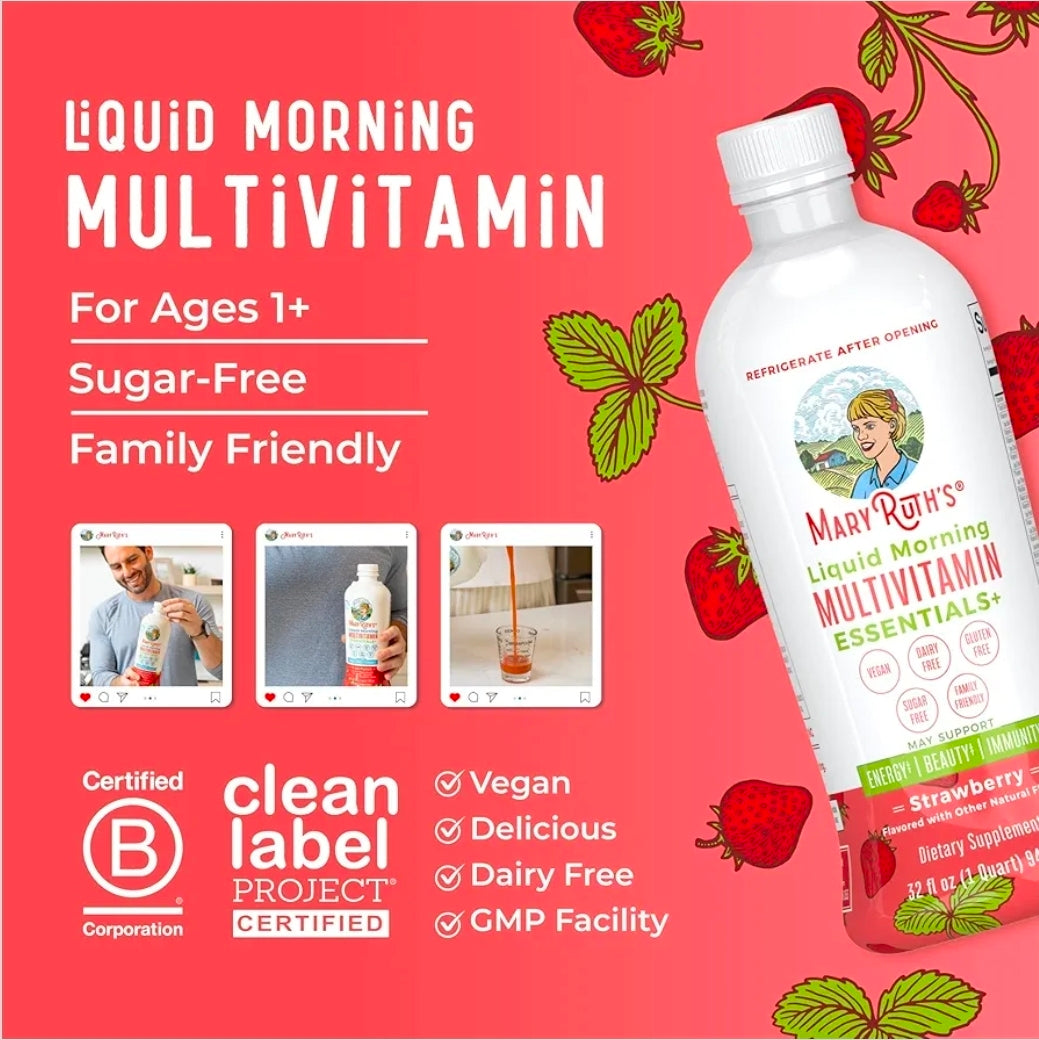 MaryRuth Organics Liquid Morning Multivitamin Essentials+ | Vitamin A C D E B6 B12 Biotin Zinc | Men's & Women's | Immune Support | Beauty | Sugar Free | Vitamins for Ages 1+ | Vegan | 32 Fl Oz