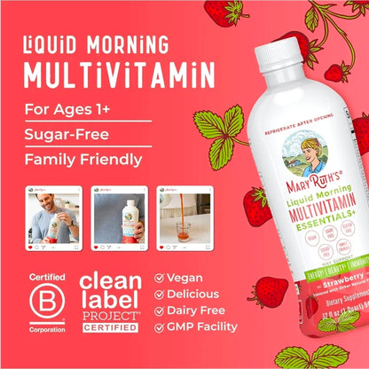 MaryRuth Organics Liquid Morning Multivitamin Essentials+ | Vitamin A C D E B6 B12 Biotin Zinc | Men's & Women's | Immune Support | Beauty | Sugar Free | Vitamins for Ages 1+ | Vegan | 32 Fl Oz