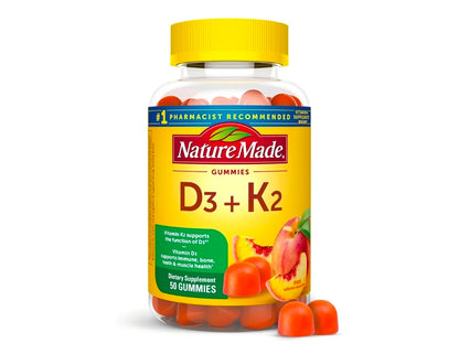 Nature Made Vitamin D3 K2 Gummies, Vitamin D 5000 IU Per Serving for Bone, Teeth, Muscle and Immune Support, 50 Gummy Vitamins, 25 Day Supply