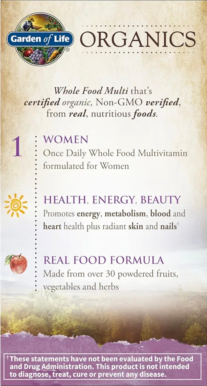 Garden of Life Organics Multivitamin for Women - Women's Once Daily Multi - Whole Food Multi with Iron, Biotin, Vegan Organic Womens Multivitamin for Health, Energy Hair Skin and Nails, 30 Tablets