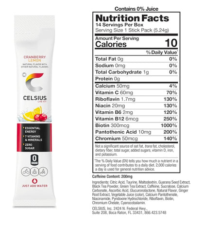 CELSIUS On The Go Cranberry Lemon, Sugar Free Energy Drink Mix (14 Sticks per Pack)