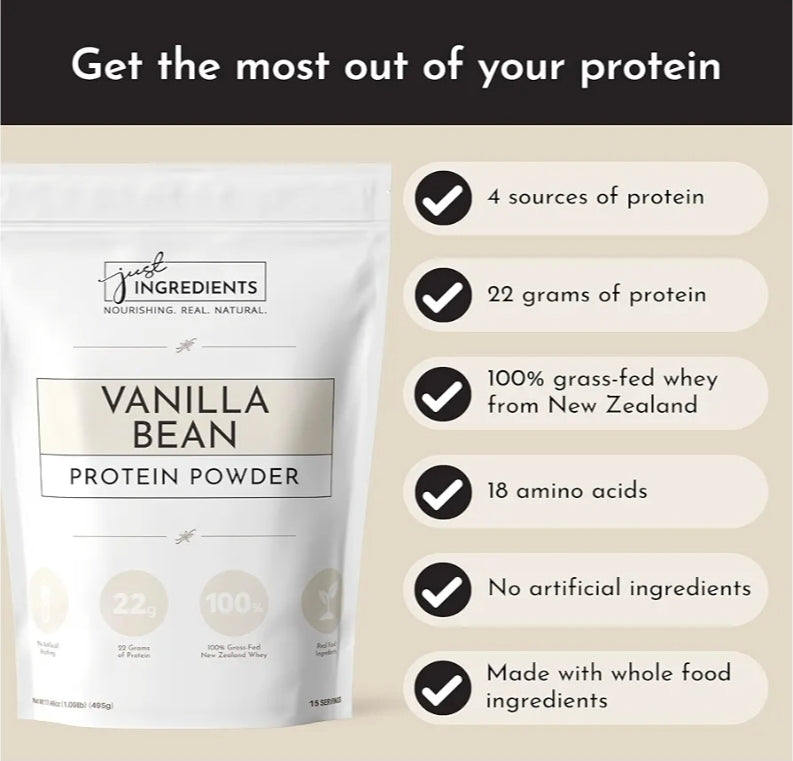 JUST INGREDIENTS Protein Powder | Vanilla Protein Powder Made with 100% Grass Fed, Non Denatured Whey | Four Different Protein Sources from Organic Whole Food Ingredients | 15 Servings | 22g Protein
