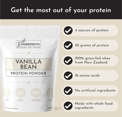 JUST INGREDIENTS Protein Powder | Vanilla Protein Powder Made with 100% Grass Fed, Non Denatured Whey | Four Different Protein Sources from Organic Whole Food Ingredients | 15 Servings | 22g Protein