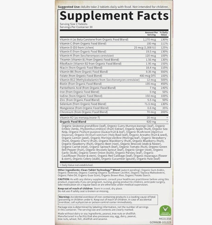 Garden of Life Organics Organic Multivitamin for Women - Womens Multi with Vitamin C, D, Folate, B6, B12, Biotin, Iron, Vegan Whole Food Vitamins for Women, Energy, Skin, Nails, 60 Tablets