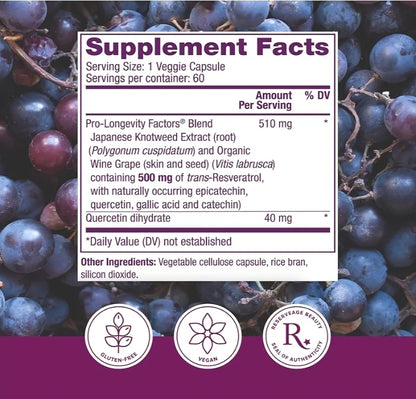 Reserveage Beauty, Resveratrol 500 mg, Antioxidant Supplement for Heart and Cellular Health, Supports Healthy Aging and Immune System, Paleo, Keto, 60 Capsules