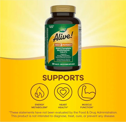Nature's Way Alive! Max3 Potency Adult Complete Multivitamin, High Potency B-Vitamins to Support Energy Metabolism*, with Methylated B12 and Folate, No Added Iron, 180 Tablets