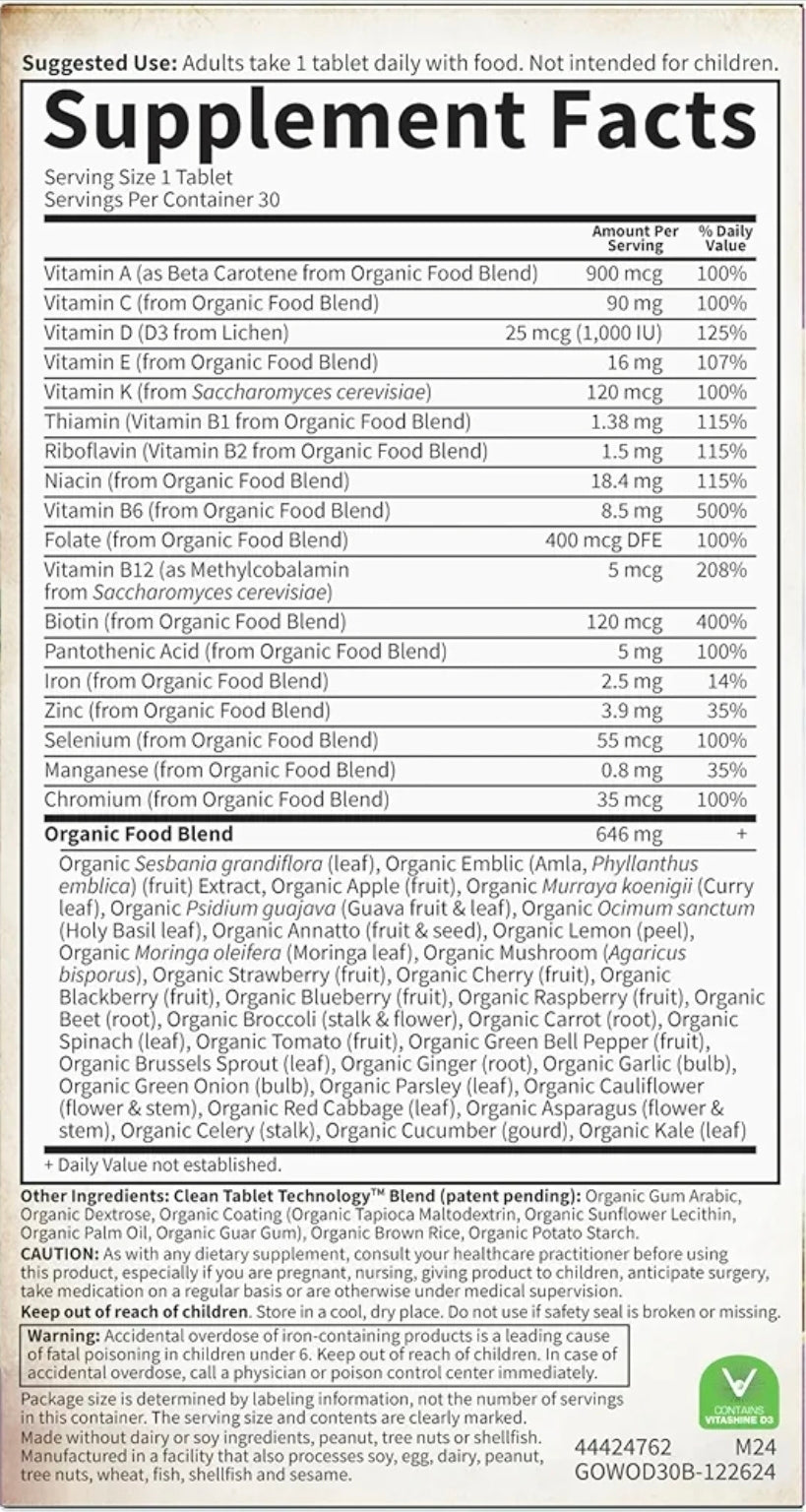 Garden of Life Organics Multivitamin for Women - Women's Once Daily Multi - Whole Food Multi with Iron, Biotin, Vegan Organic Womens Multivitamin for Health, Energy Hair Skin and Nails, 30 Tablets