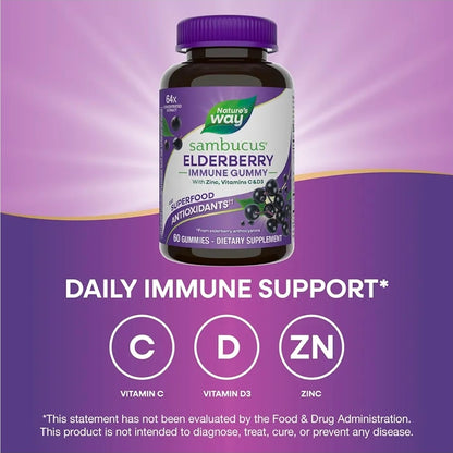 Nature’s Way Sambucus Elderberry Gummies, Immune Support Gummies*, Black Elderberry with Vitamin C and Zinc, 60 Gummies