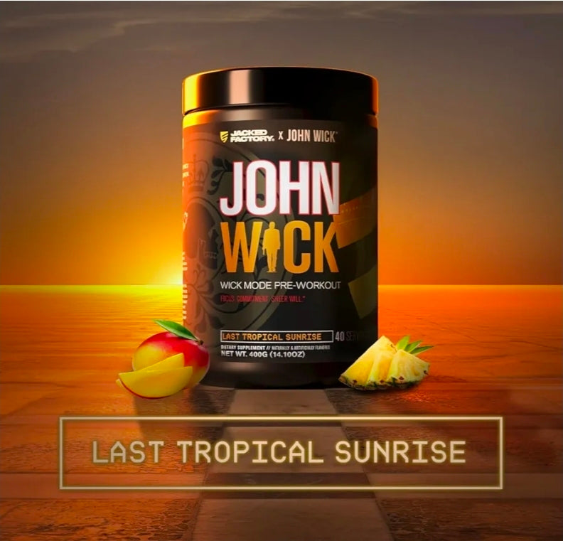 Jacked Factory X John Wick - Wick Mode Pre Workout Powder - Intense Energy, Battle-Ready Focus, Unstoppable Commitment, and Sheer Will - 40 Servings, Last Tropical Sunrise