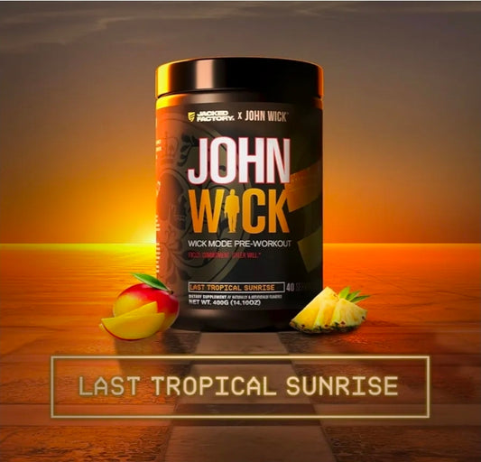 Jacked Factory X John Wick - Wick Mode Pre Workout Powder - Intense Energy, Battle-Ready Focus, Unstoppable Commitment, and Sheer Will - 40 Servings, Last Tropical Sunrise