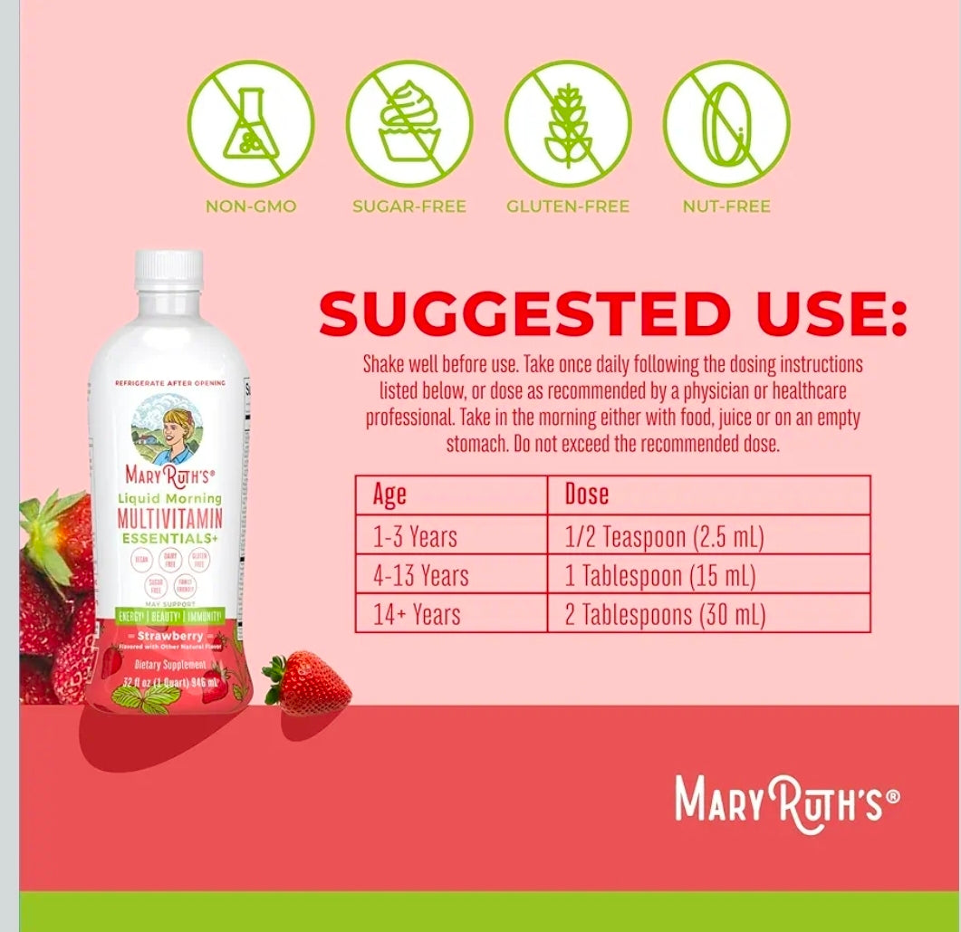 MaryRuth Organics Liquid Morning Multivitamin Essentials+ | Vitamin A C D E B6 B12 Biotin Zinc | Men's & Women's | Immune Support | Beauty | Sugar Free | Vitamins for Ages 1+ | Vegan | 32 Fl Oz