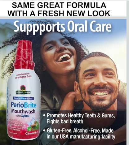 Nature's Answer Periobrite Cinamint Mouthwash| Promotes Healthy Teeth & Gums| Fights Bad Breath| Fluoride-Free, Alcohol-Free, Gluten-Free & Vegan| No Artificial Preservatives 16oz