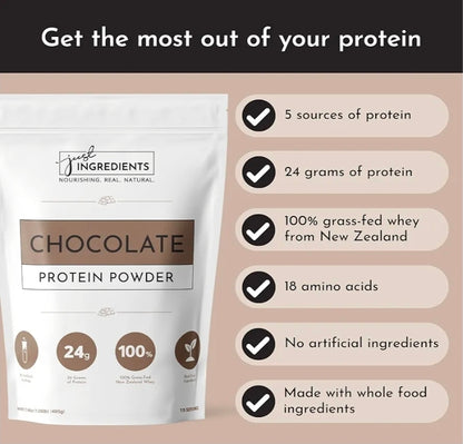 JUST INGREDIENTS Protein Powder | 15 Servings | 24g Protein | Chocolate Flavor Made with 100% Grass-Fed, Non-Denatured Whey | Five Different Sources from Organic Whole Food Ingredients