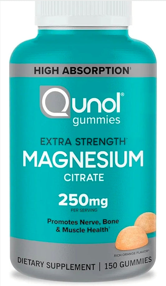 Qunol Magnesium Citrate Gummies for Adults, 250mg Magnesium Gummies Extra Strength 250mg, High Absorption Magnesium Supplement, Supports Nerve Health, Bone Health, Muscle Health, Vegetarian, 150 Count