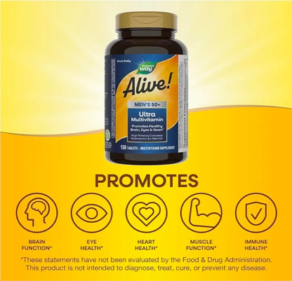 Nature's Way Alive! Men’s 50+ Daily Ultra Multivitamins, High Potency Formula, Supports Healthy Brain, Eyes & Heart*, with Methylated Vitamin B12, Gluten-Free, 150 Tablets