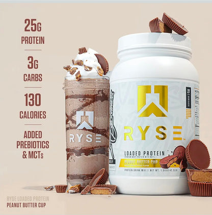 RYSE Loaded Protein Powder - Peanut Butter Cup - 25g Whey Protein Isolate & Concentrate with Prebiotic Fiber & MCTs - Low Carb, Low Sugar, Digestive-Friendly - 27 Servings / 2 lb Tub