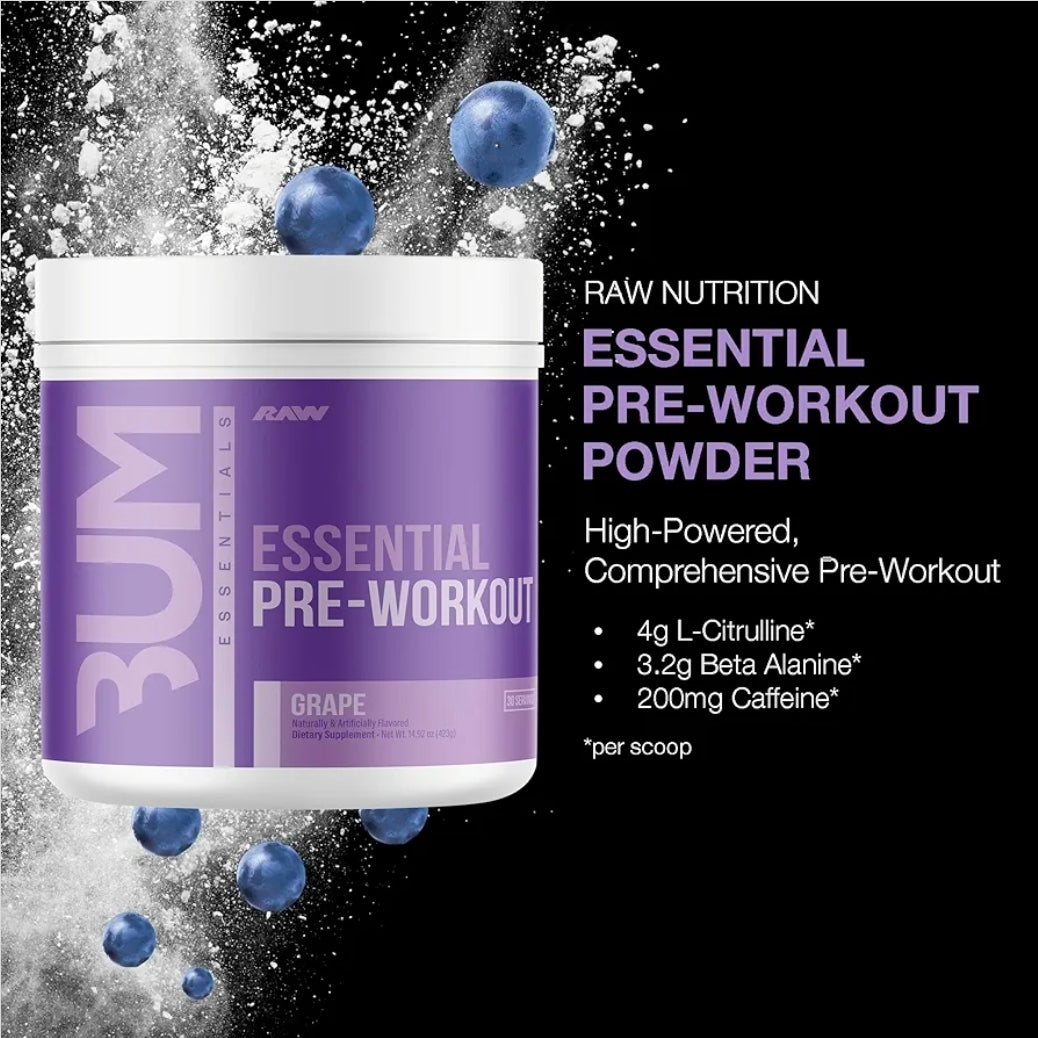 RAW Essential Pre-Workout Powder (Grape) - Chris Bumstead Sports Nutrition Supplement for Men & Women - Preworkout Energy Powder with Caffeine, L-Citrulline, L-Tyrosine, & Beta Alanine Blend