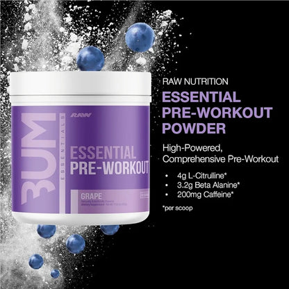RAW Essential Pre-Workout Powder (Grape) - Chris Bumstead Sports Nutrition Supplement for Men & Women - Preworkout Energy Powder with Caffeine, L-Citrulline, L-Tyrosine, & Beta Alanine Blend