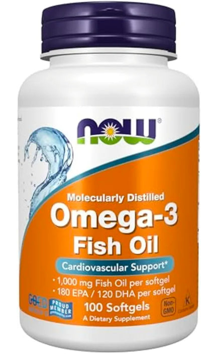 NOW Supplements, Omega-3 180 EPA / 120 DHA, Molecularly Distilled, Cardiovascular Support, 100 Softgels