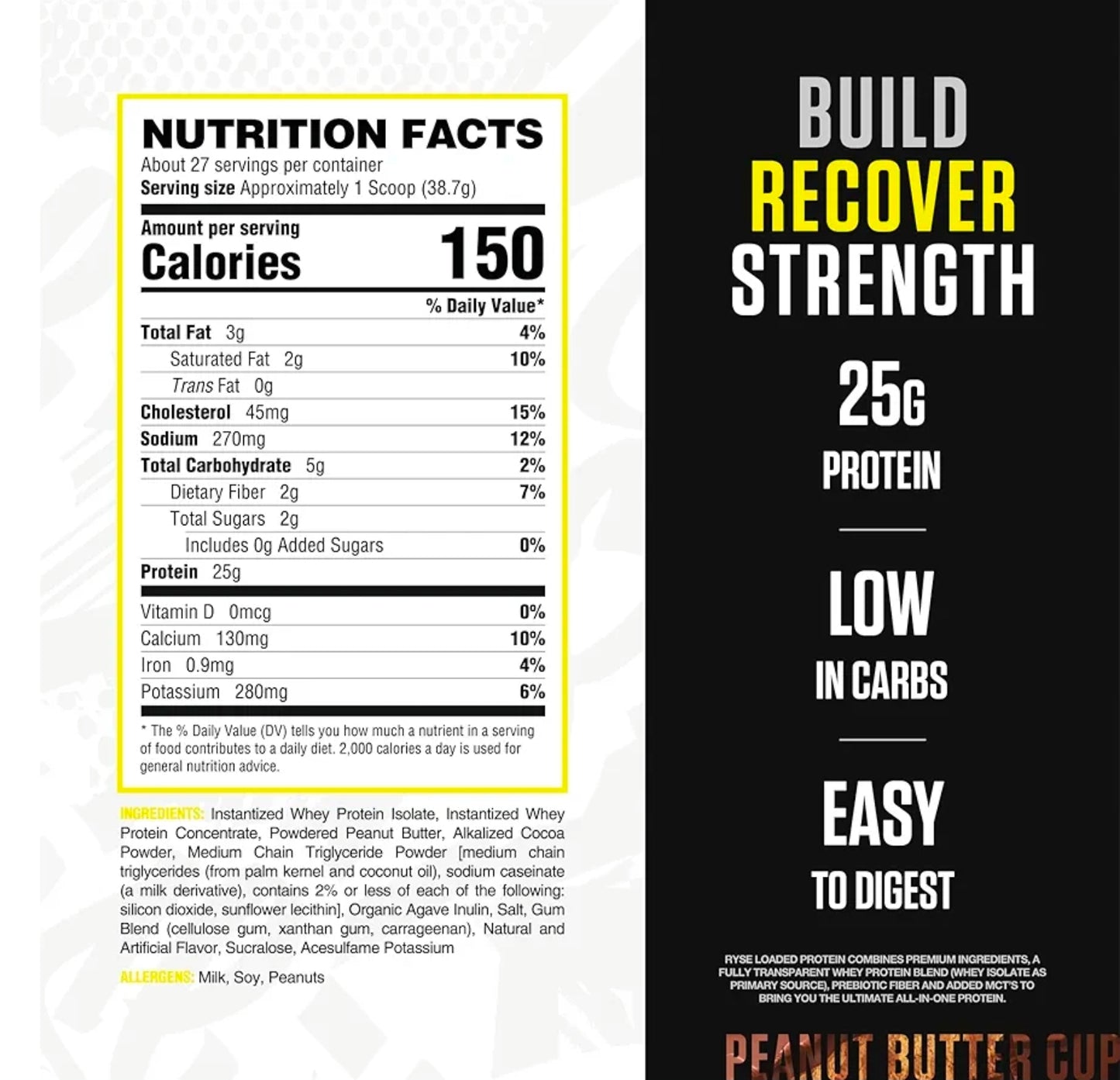 RYSE Loaded Protein Powder - Peanut Butter Cup - 25g Whey Protein Isolate & Concentrate with Prebiotic Fiber & MCTs - Low Carb, Low Sugar, Digestive-Friendly - 27 Servings / 2 lb Tub