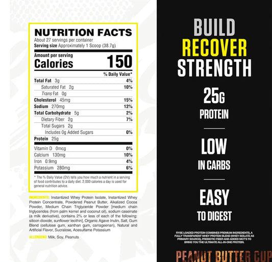 RYSE Loaded Protein Powder - Peanut Butter Cup - 25g Whey Protein Isolate & Concentrate with Prebiotic Fiber & MCTs - Low Carb, Low Sugar, Digestive-Friendly - 27 Servings / 2 lb Tub