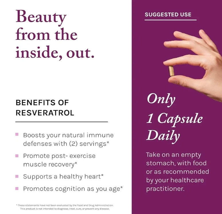 Reserveage Beauty, Resveratrol 500 mg, Antioxidant Supplement for Heart and Cellular Health, Supports Healthy Aging and Immune System, Paleo, Keto, 60 Capsules