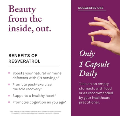 Reserveage Beauty, Resveratrol 500 mg, Antioxidant Supplement for Heart and Cellular Health, Supports Healthy Aging and Immune System, Paleo, Keto, 60 Capsules