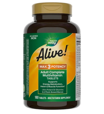 Nature's Way Alive! Max3 Potency Adult Complete Multivitamin, High Potency B-Vitamins to Support Energy Metabolism*, with Methylated B12 and Folate, No Added Iron, 180 Tablets