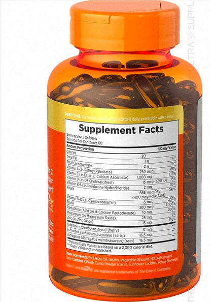 Nature's Bounty Immune 24 Hour + 1000mg Vitamin C (120 Count.) with Vitamin D, Zinc, Elderberry & Echinacea - Non-GMO, Rapid Release Softgels