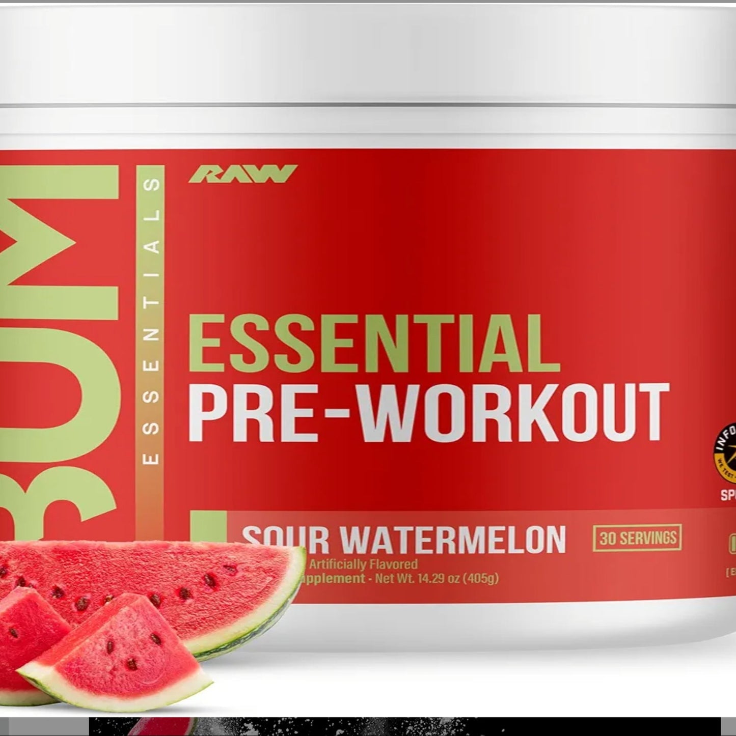 RAW Essential Pre-Workout Powder (Sour Watermelon) - Chris Bumstead Sports Nutrition Supplement for Men & Women - Preworkout Energy Powder with Caffeine, L-Citrulline, L-Tyrosine, & Beta Alanine Blend