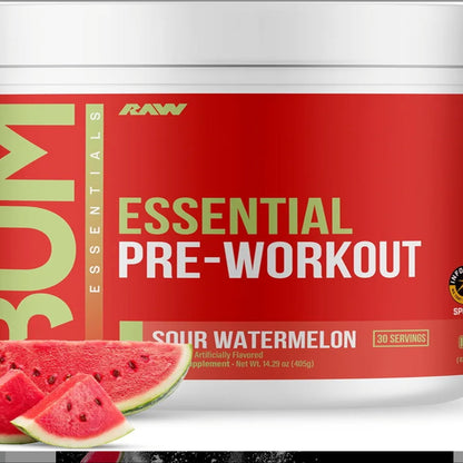 RAW Essential Pre-Workout Powder (Sour Watermelon) - Chris Bumstead Sports Nutrition Supplement for Men & Women - Preworkout Energy Powder with Caffeine, L-Citrulline, L-Tyrosine, & Beta Alanine Blend