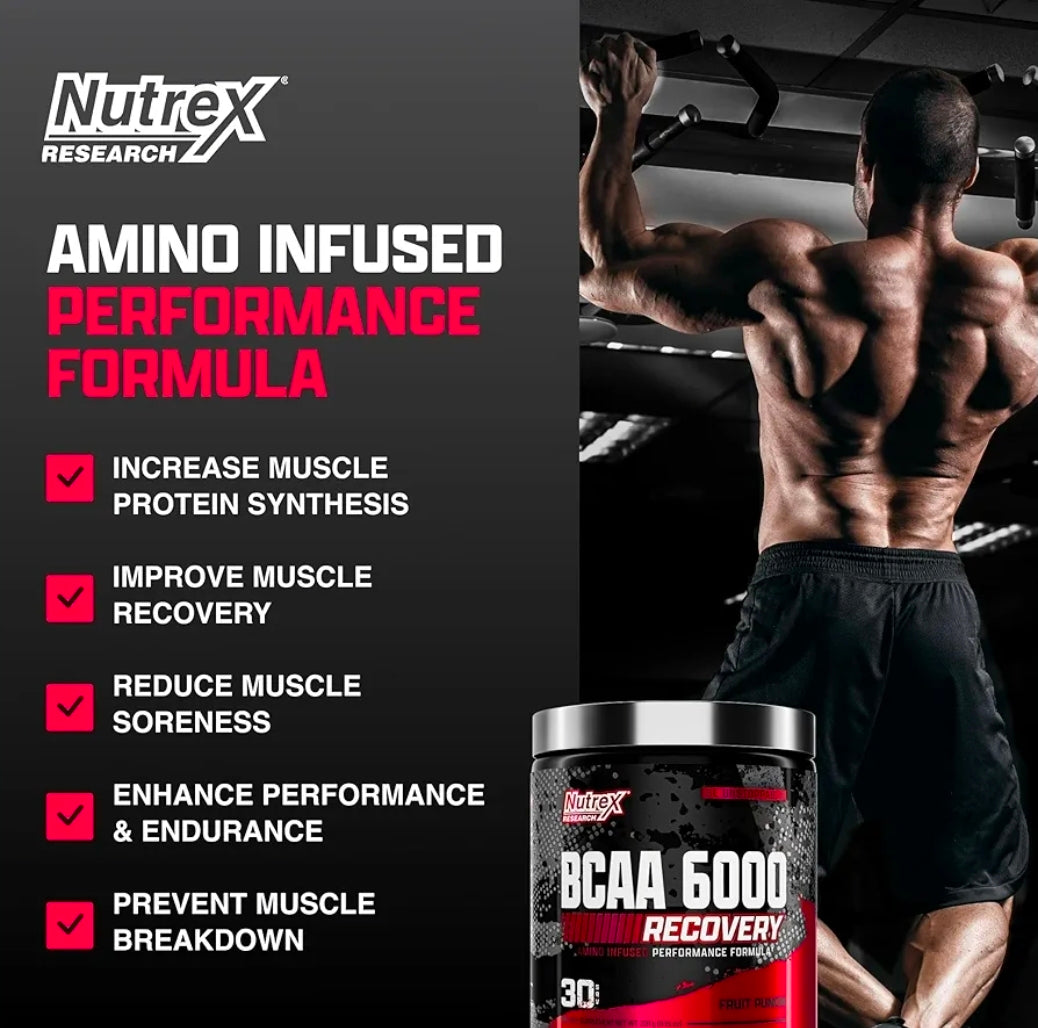 Nutrex Research - BCAA Powder 6000 Amino Acid - 6 Grams of BCAAs Amino Acids Supplement for Post Workout Recovery & Muscle Growth - Amino Energy Workout Recovery Drink (Fruit Punch - 30 Servings)