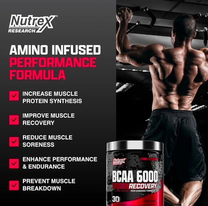 Nutrex Research - BCAA Powder 6000 Amino Acid - 6 Grams of BCAAs Amino Acids Supplement for Post Workout Recovery & Muscle Growth - Amino Energy Workout Recovery Drink (Fruit Punch - 30 Servings)