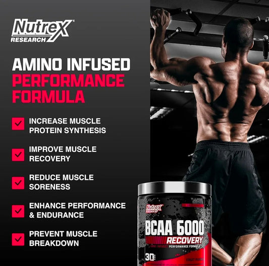 Nutrex Research - BCAA Powder 6000 Amino Acid - 6 Grams of BCAAs Amino Acids Supplement for Post Workout Recovery & Muscle Growth - Amino Energy Workout Recovery Drink (Fruit Punch - 30 Servings)