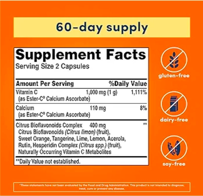American Health Ester-C with Citrus Bioflavonoids Capsules - Gentle On Stomach, Non-Acidic Vitamin C - 500 mg, 60 Servings, 120 Count