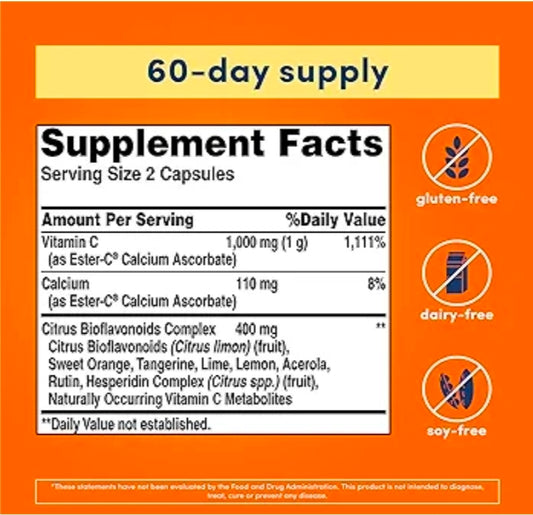 American Health Ester-C with Citrus Bioflavonoids Capsules - Gentle On Stomach, Non-Acidic Vitamin C - 500 mg, 60 Servings, 120 Count