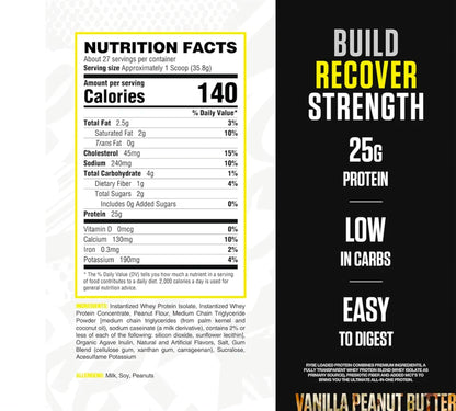 RYSE Loaded Protein Powder - Vanilla Peanut Butter - 25g Whey Protein Isolate & Concentrate with Prebiotic Fiber & MCTs - Low Carb, Low Sugar, Digestive-Friendly - 27 Servings / 2 lb Tub