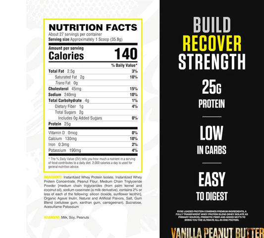 RYSE Loaded Protein Powder - Vanilla Peanut Butter - 25g Whey Protein Isolate & Concentrate with Prebiotic Fiber & MCTs - Low Carb, Low Sugar, Digestive-Friendly - 27 Servings / 2 lb Tub