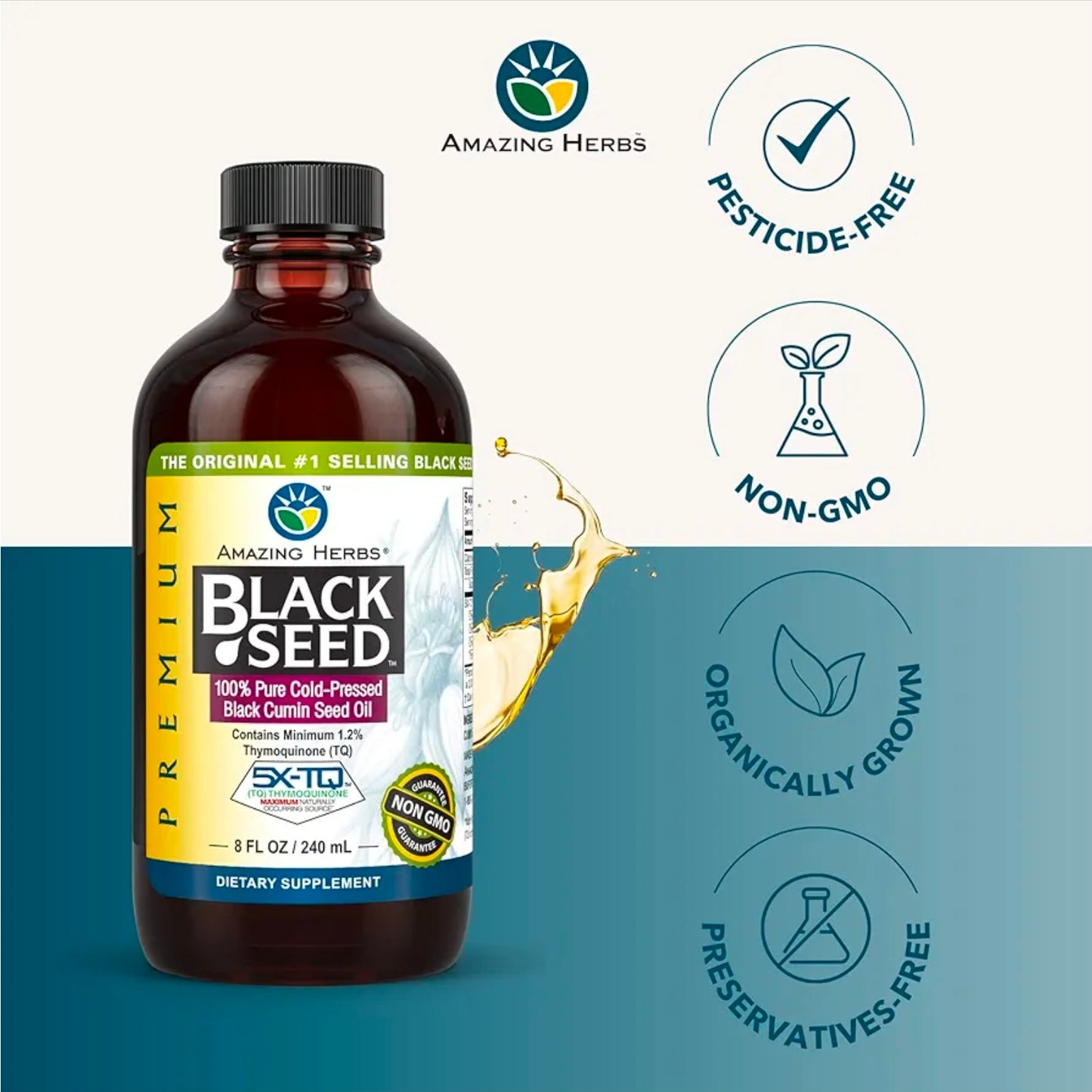 Amazing Herbs Premium Black Seed Oil - Cold Pressed Nigella Sativa Aids in Digestive Health, Immune Support, Brain Function, Joint Mobility, Gluten Free, Non GMO - 8 Fl Oz
